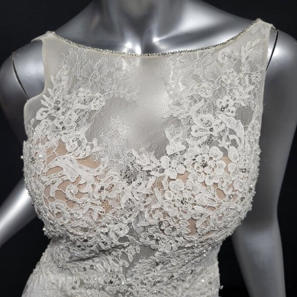 NWT~$1595~JOVANI~SZ 4~IVORY LACE RHINESTONE EMBELLISHED LONG TRAIN WEDDING DRESS - Picture 2 of 16